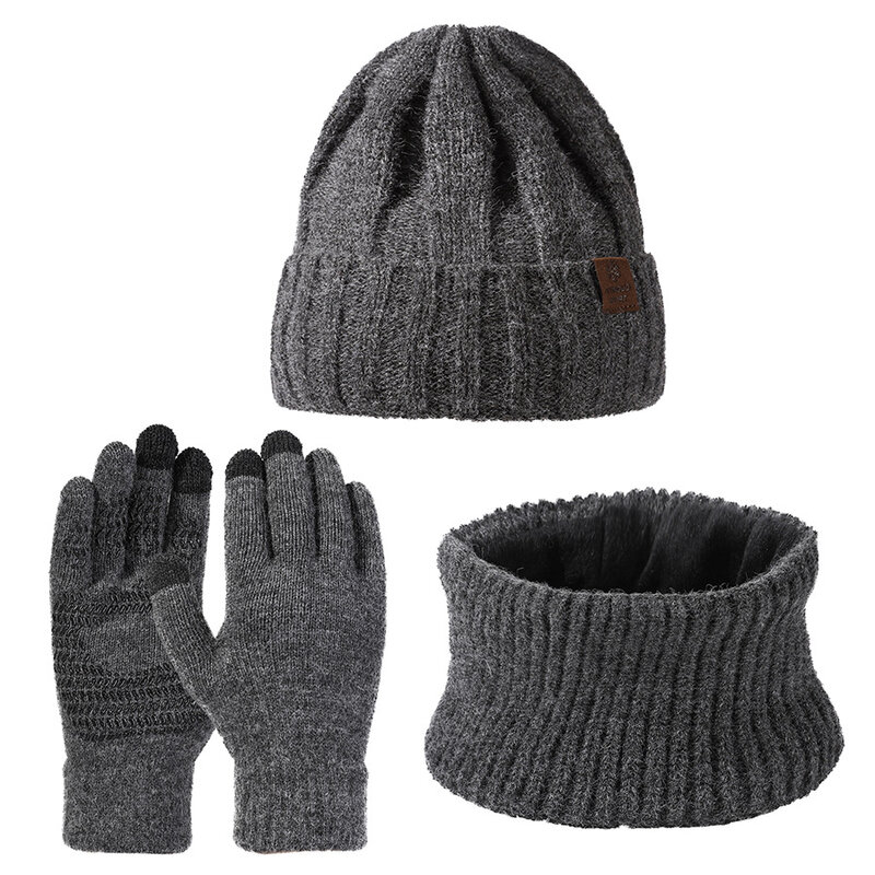 Czapka zimowa szalik zestaw rękawiczek dla mężczyzn dziergana czapka aksamitny rękawiczki do ekranu dotykowego utrzymania ciepła na zewnątrz wiatroszczelna nowe zestawy
