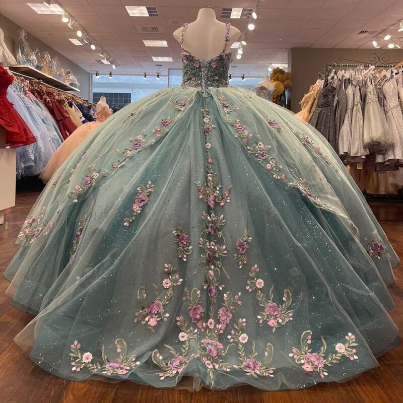 Graceful Spaghetti Straps Quinceanrra Prom Dresses Charming 3D Flower Princess Long Shiny Colorful Sweet 16 Dress Vestidos