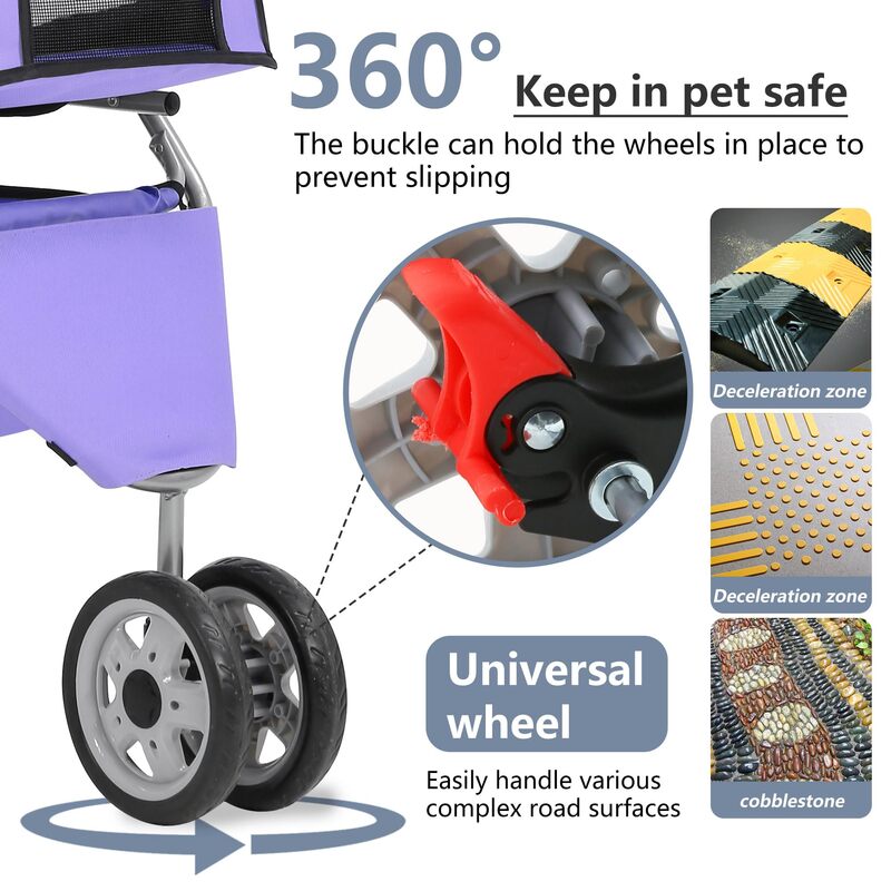 Purple Pet Glide: cochecito plegable para perros, Jogger duradero para gatos de 3 ruedas con almacenamiento, portavasos