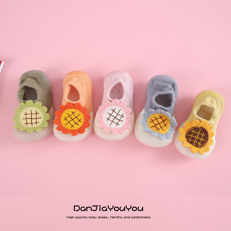 Primavera e Verão Sunflower Non-Slip Sock Shoes para meninos e meninas recém-nascidos, Meias de chão, Kids Soft Rubber Sole, Toddler Indoor Shoes