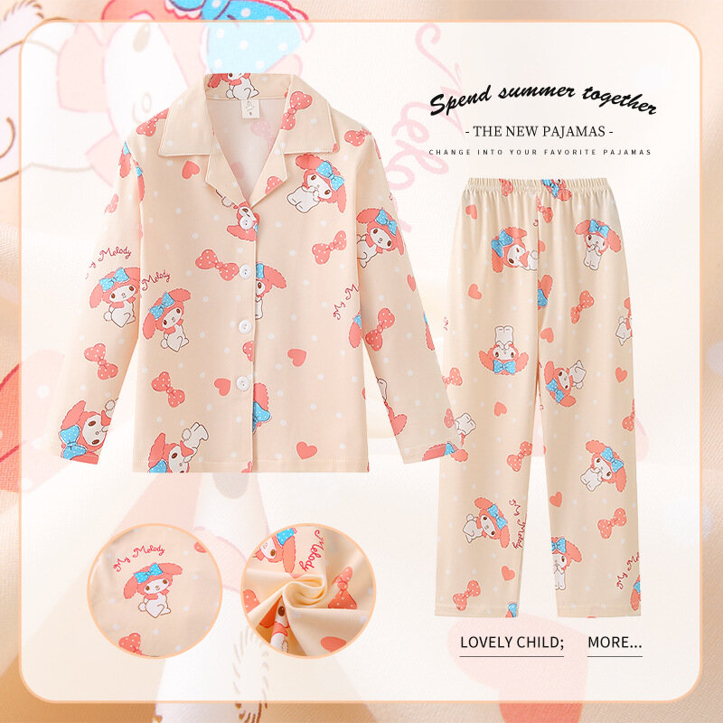 2024 Kawaii Spring Autumn Children's Pajamas Anime Kuromi Cinnamoroll Pochacco Boys Girls Milk Silk Sleepwear Kids Home Clothes
