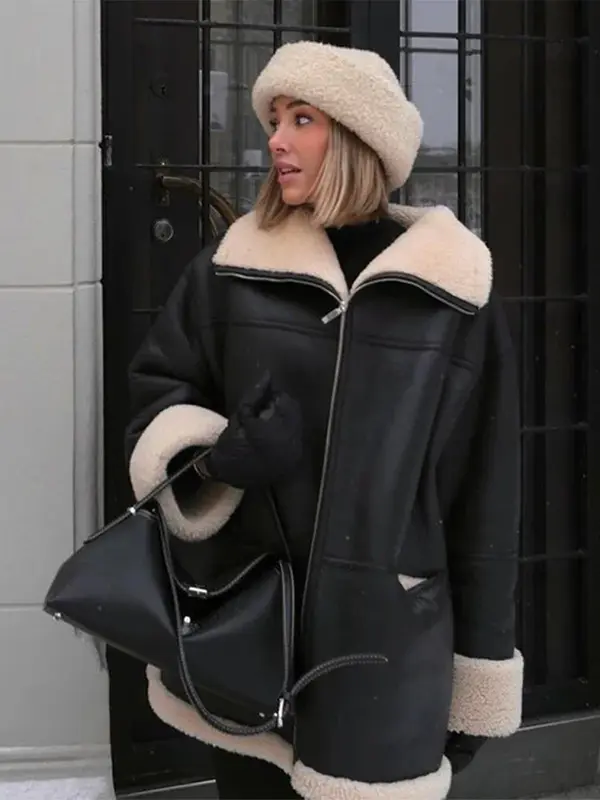 Cappotto in pelle di pelliccia donna inverno Vintage Casual giacca da moto allentata moda femminile caldo spesso risvolto cerniera capispalla soffice
