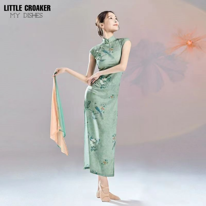 중국 클래식 현대 무용 공연 의상, 하이 슬릿 개선 치파오 드레스, 여성 무용 의상