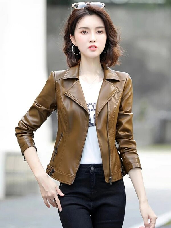 새로운 여성 바이커 가죽 재킷 봄 가을 패션 캐주얼 정장 칼라 긴팔 날씬한 짧은 스플릿 가죽 코트 스트리트웨어