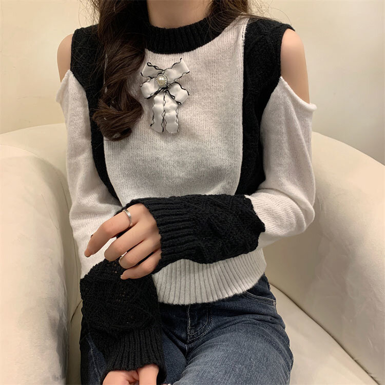 Koreański, dzianinowy sweter topy damskie z pełnym rękawem patchworkowy sweter z okrągłym dekoltem 2023