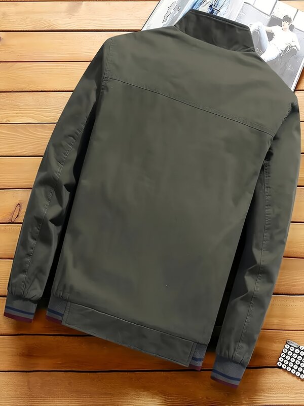 Men's Sports Jacket Coat Lapel Zipper Pockets Windproof Ribbed Cuff Coat For Daily Wear