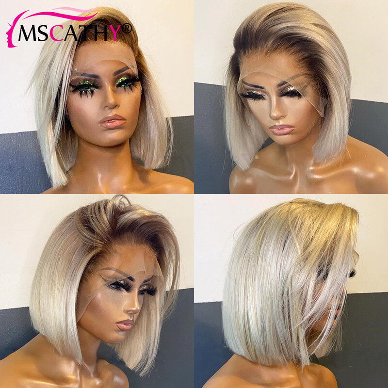 Wig Depan Renda Pirang 613 untuk Wanita Wig Rambut Manusia Brasil Bob Pendek Wig Depan Renda Transparan HD Akar Coklat Telah Ditanami