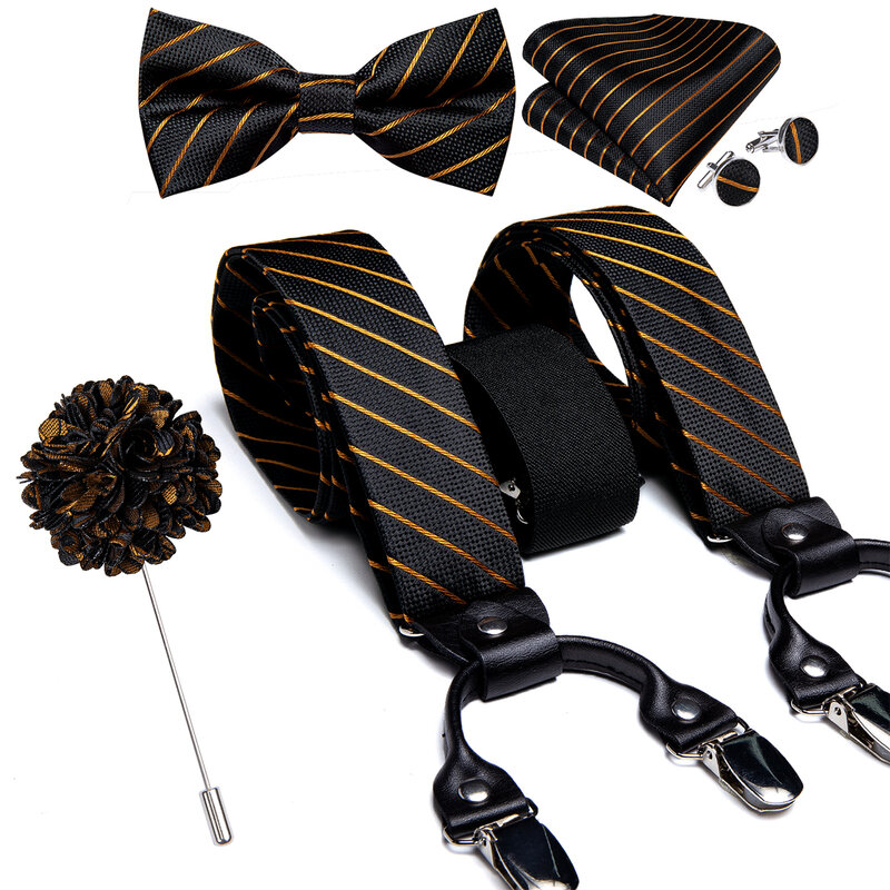 DiBanGu-suspensórios listrados ajustáveis para homens, conjunto de broches Bowtie, suspensórios e abotoaduras, 6 clipes de metal, festa de casamento, pré-amarrados
