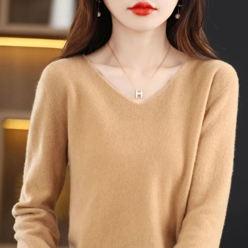 Camicie lavorate a maglia da donna moda donna autunno inverno manica lunga con scollo a v Skinny elastico Casual sottile maglione Pullover top maglieria