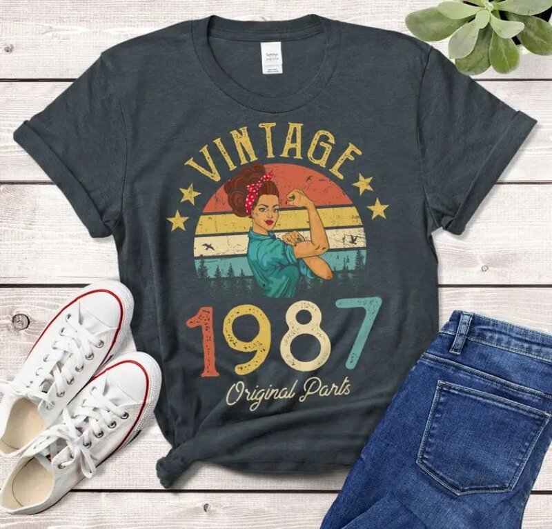 여성용 빈티지 코튼 티셔츠, 1987 티, 1987 35 세 생일 선물, 여아 아내 엄마 캐주얼 티, 하이 퀄리티 탑