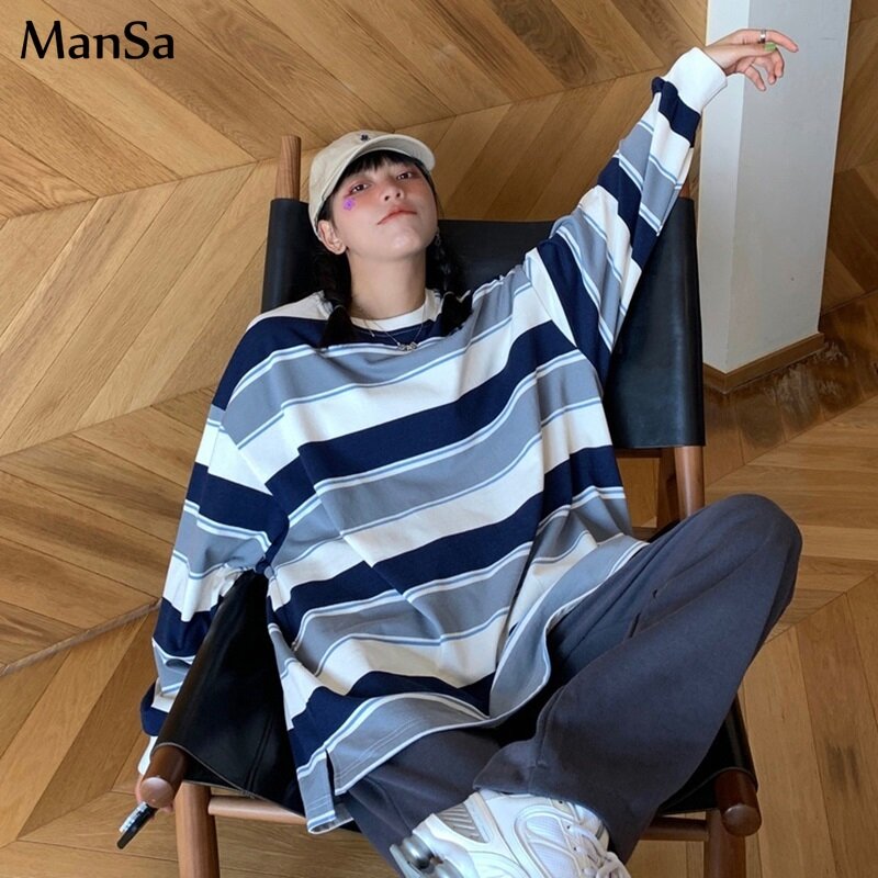 Толстовка Женская в полоску, Модный свитшот с длинным рукавом, хлопковый джемпер в стиле Харадзюку, Повседневный пуловер большого размера, весна-осень