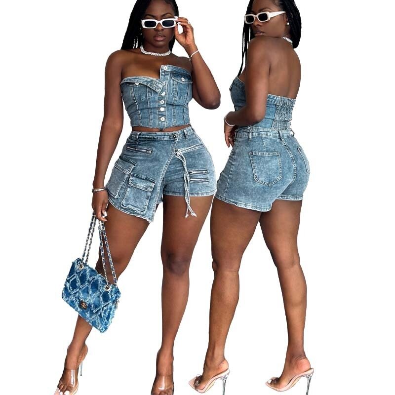 2024 Summer New Denim 2 Piece Set Women Sexy Off Shoulder Sleeveless Single Breasted Crop Top Multi-pockets Culottes Streetwear