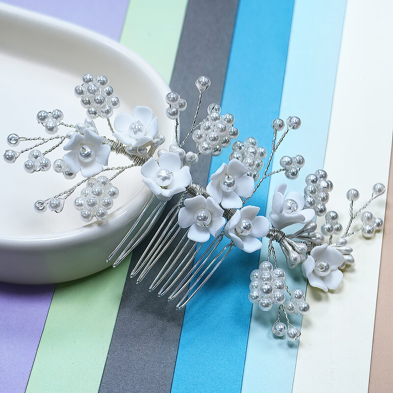 Brilliant  Bridal Embellished Pearl Ceramic Flower Hair Comb For Wedding