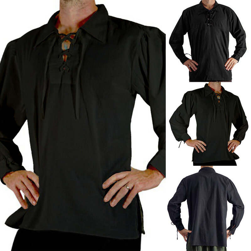 Camisas e blusa retrô casual com gola lapela masculina, traje gótico vitoriano medieval, camisa de manga comprida, camisa de amarração masculina