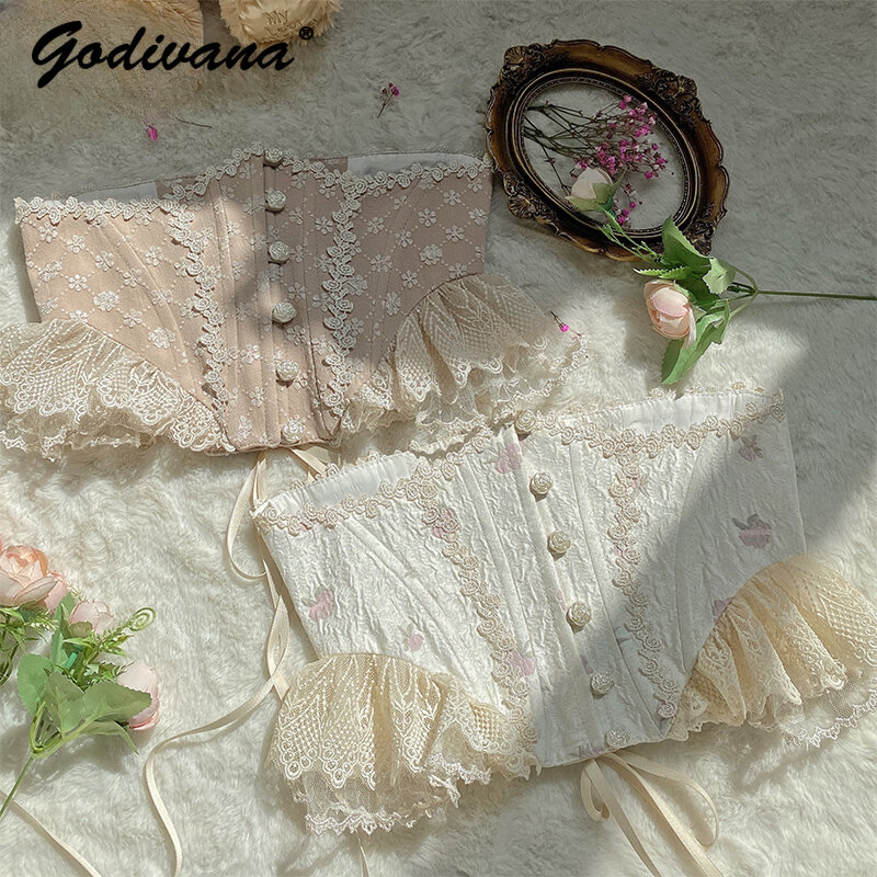 Desain asli Lolita gesper mawar renda bunga segel pinggang untuk gaun wanita anak perempuan peri pinggang tulang ikan korset rompi kecil