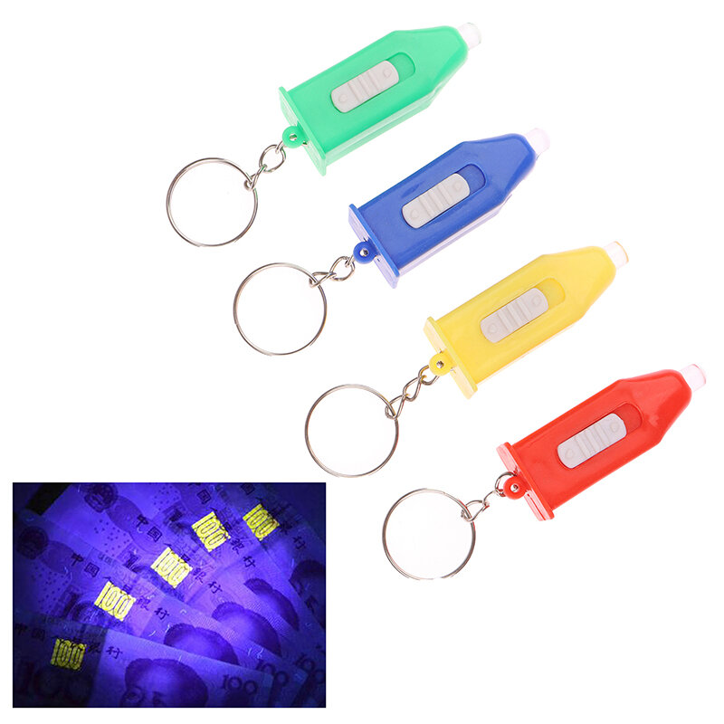 Gantungan Kunci Lampu ungu, Gantungan Kunci kecil mudah dibawa luar ruangan LED, senter plastik Ultraviolet Mini, liontin hadiah 1 buah