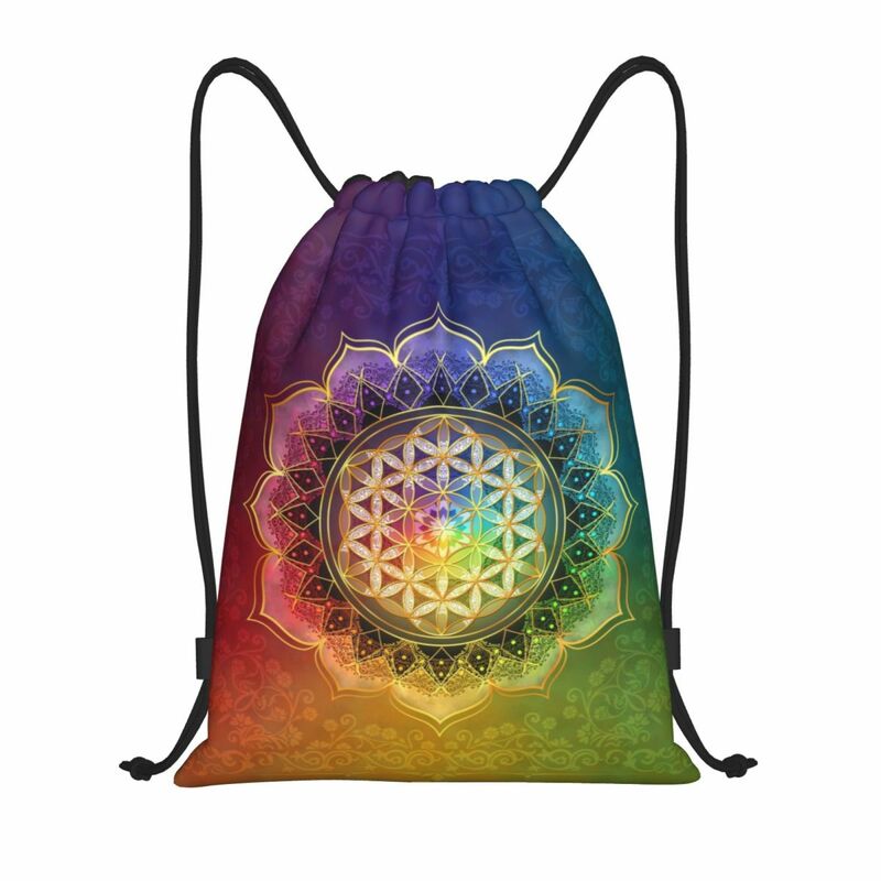 Flor da vida do arco-íris com mochila de lótus, bolsa de ginástica esportiva para mulheres e homens, mochila de compras de geometria sagrada