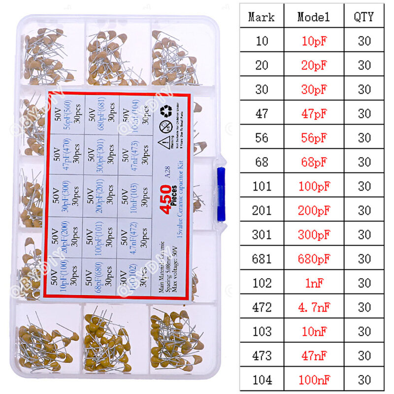 Kit de condensador cerámico multicapa, 50V (100 ~ 106), 10pF ~ 10uF, 102, 103, 104, 105, 22pF, 47pF, 68pF, 1nF, 10nF, 100nF, 0,1 uF, 1uF, P = 5,08mm