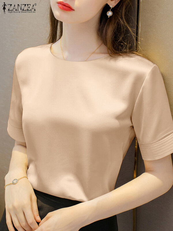 Блузка ZANZEA Женская атласная, модная однотонная Элегантная туника в Корейском стиле, Офисная рубашка с коротким рукавом, лето 2024