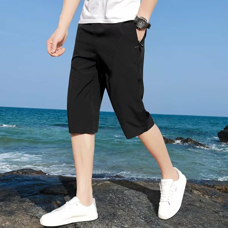 Pantalones cortos rectos finos para hombre, ropa de vestir deportiva de seda de hielo, secado rápido, informales, elásticos, 2024