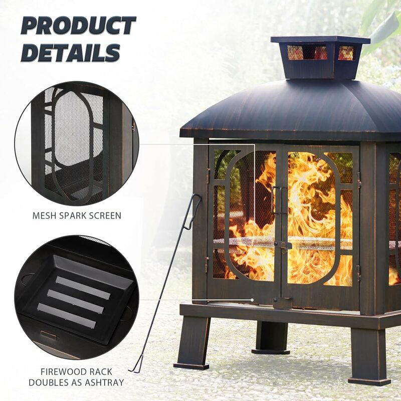 45" Fire Pit Pagoda, Wood Burning Chimney Firepit with Grill Grate Outside for Garden Backyard BBQ Bonfire