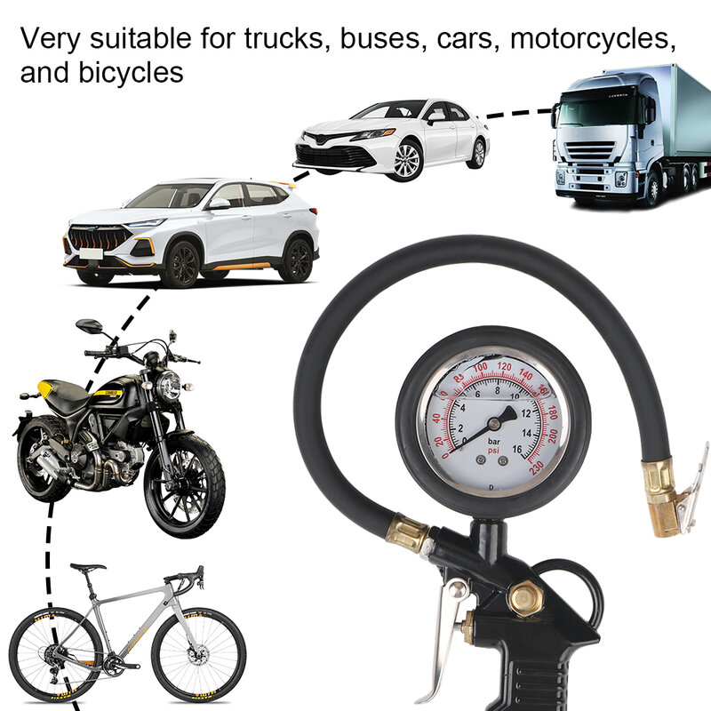 Pengukur tekanan ban motor, alat ukur Digital/celup minyak/tampilan penunjuk, pengukur uji ban dengan Inflator, nosel selang, Tester mobil truk