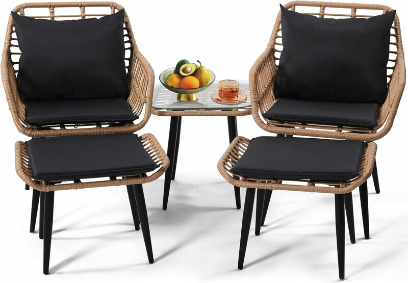 Zewnętrzne wiklinowe krzesła i stół Zestaw mebli do rozmów bistro, 5-częściowy z otomaną na werandę, naturalny kolor