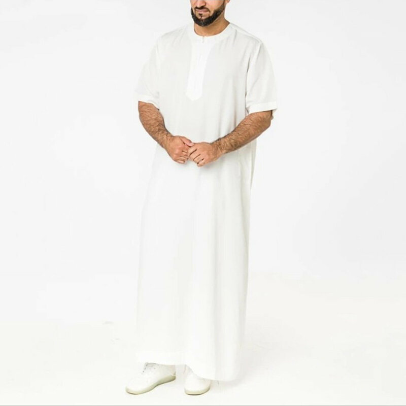 Bata musulmana de verano para hombre, blusa informal con estampado a rayas, cuello en V, manga media, dobladillo dividido, Árabe medio, Dubai, Islam