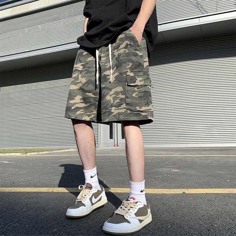 summer new Camouflage fashion Elastic waist Straight pants man High street Pockets patchwork cotton Drawstring knee length pants
