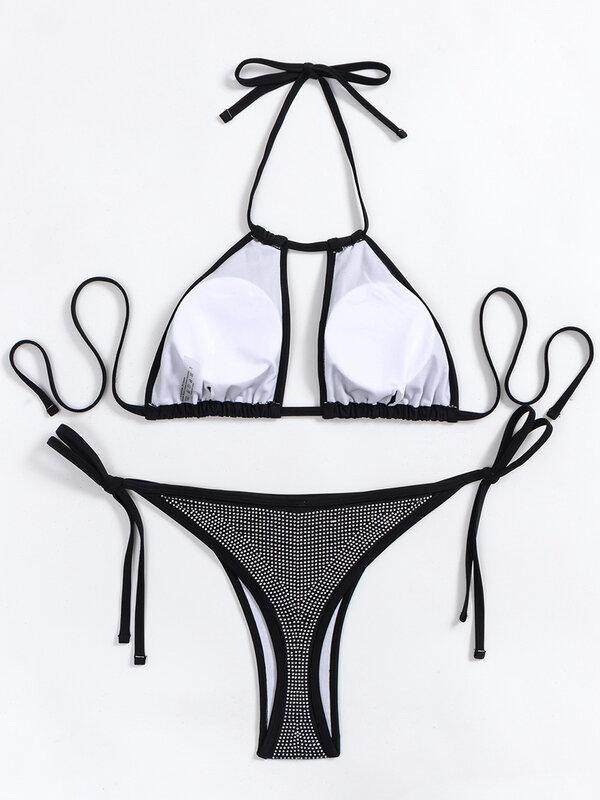 Met Juwelen Versierde Glanzende Pailletten Halter Bikini Damesbadkleding Damesbadpak Tweedelig Bikini Set Uitgehold Badpak Zwemmen