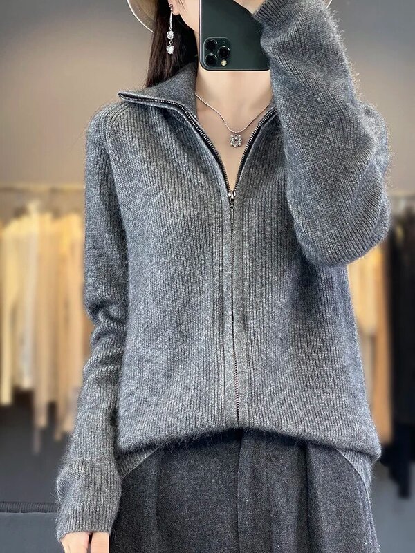 Swetry damskie 100% norek z kaszmiru rozpinany sweter 2024 jesienno-zimowa gruba kurtka z długim rękawem topy damskie odzież z dzianiny