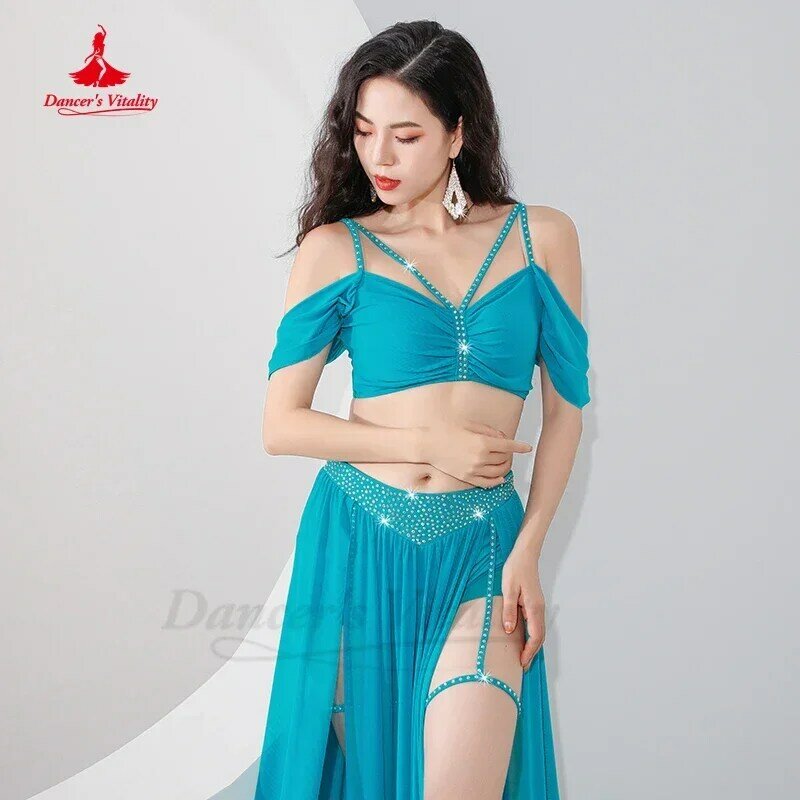 Pakaian profesional tari perut untuk wanita atasan lengan pendek jaring + rok panjang belahan seksi 2 buah setelan tari perut Oriental anak perempuan