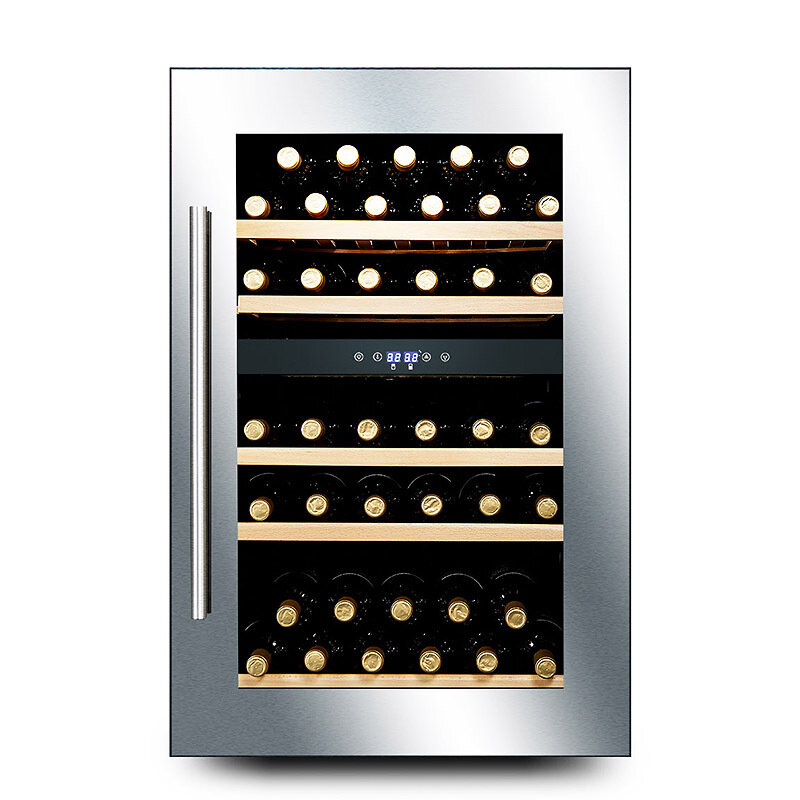 ชั้นวางไวน์แดงอุณหภูมิคงที่ตู้เก็บไวน์ที่บ้านตู้เก็บไวน์แบบคู่อุณหภูมิสแตนเลสทั้งหมด