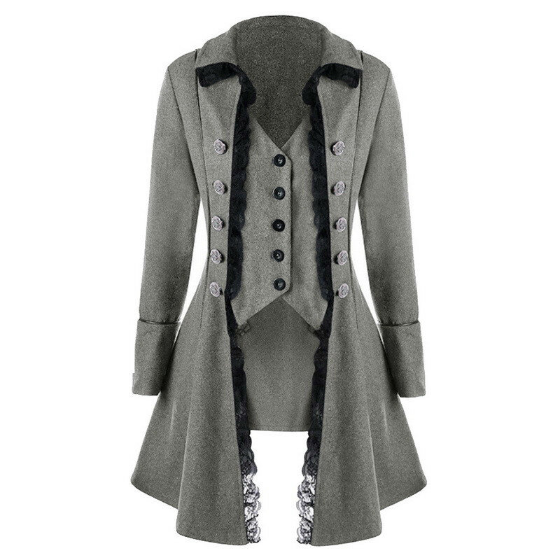 VOLALO Autumn Winter Women Trim Long Medieval Jacket Gothic Lady Cosplay Solid Long Sleeve Three-Breasted Irregular Tops