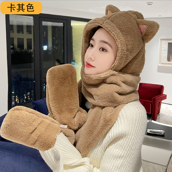 Hat Female Autumn Winter Scarf Hat Gloves One Three Piece Fox Ear Warm Ear Protection Cold Hat Girl Outdoor Pink