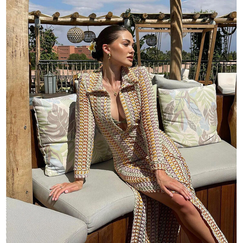 Robe tricotée au crochet à manches longues pour femmes, robe maxi transparente, couvertures de bikinis de plage, élégante et sexy, 2024
