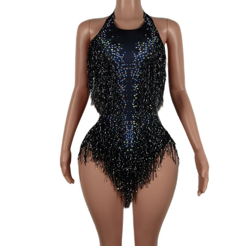 Sparkly Black nappa body donna Sexy Club Outfit Fringe Dance Costume One piece Show Wear cantante Stage body Liusu