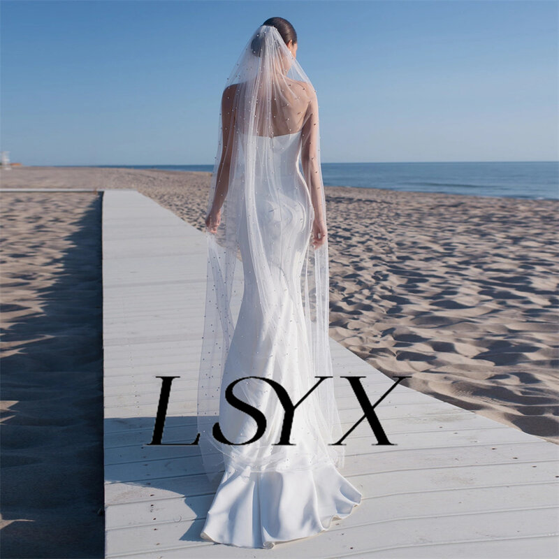 Lsyx ชุดราตรียาวของเจ้าสาวแบบมีกระดุมเกาะอกรูปนางเงือกสำหรับงานแต่งงานชุดแซกหลังผ่าสูงกำหนดได้เอง