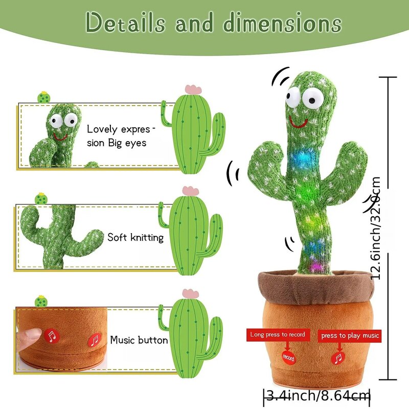 Juguete de peluche de electrones de Cactus de cantar y bailar, muñeco de peluche suave para bebés, Cactus que repite lo que dices, voz, interactivo, Bled