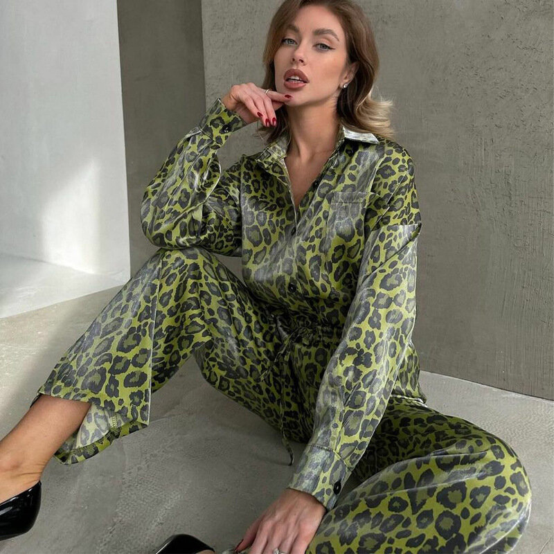 Fashion Brown Leopard Print Set Pajamas For Women 2 Pieces Silk Sleepwear Long  Sleeve Button Shirts Drawstring Pants Lounge Set