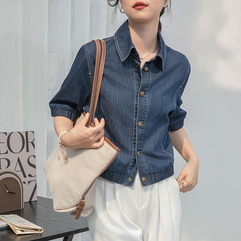 Frauen lässig Jeans hemd Neuankömmling Sommer koreanischen Stil Turn-Down-Kragen lose weibliche Halbarm Tops Shirts w1758