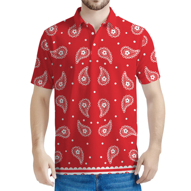Polo con estampado 3D de Cachemira roja para hombre y mujer, camiseta de manga corta con estampado Floral bohemio, camisetas con solapa de verano, camisetas informales con botones