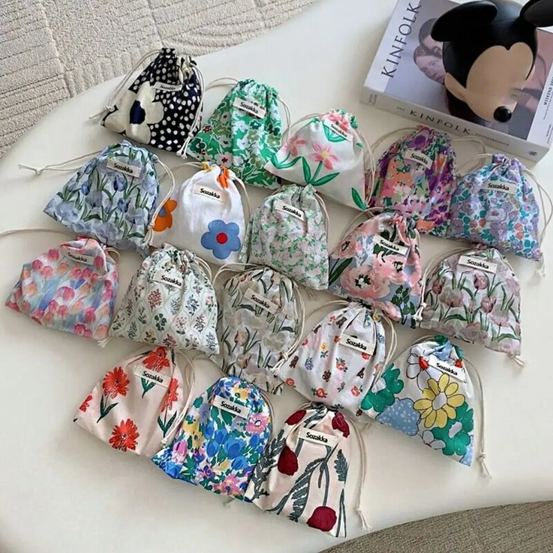 Cosmetics Bag Print Canvas Drawstring Bag Small Storage Bag Change Purse Cloth Coin Purse Floral Card Holder Bundle Pocket