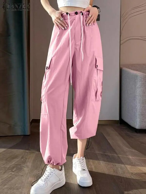ZANZEA-Calças cargas de cintura alta para mulheres, streetwear casual, bolsos longos, calças com cordão, monocromáticas, moda, outono, 2023