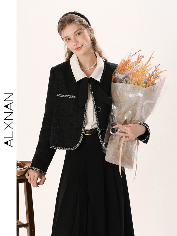 ALXNAN Fashion Tweed Jacket for Women Luxury British Style Solid Coat Autumn Retro Elegant Single-breast Office Lady Top TM00225
