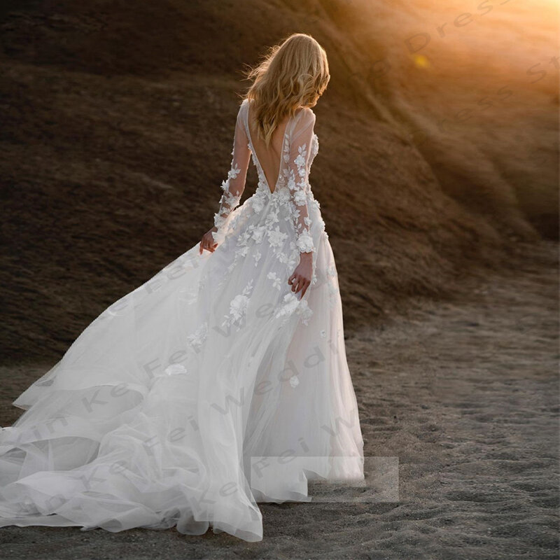 Artystyczne damskie suknie ślubne seksowne cienka koronka z dekoltem w serek aplikacja księżniczka suknie ślubne 2024 formalne impreza na plaży Vestido De Novia
