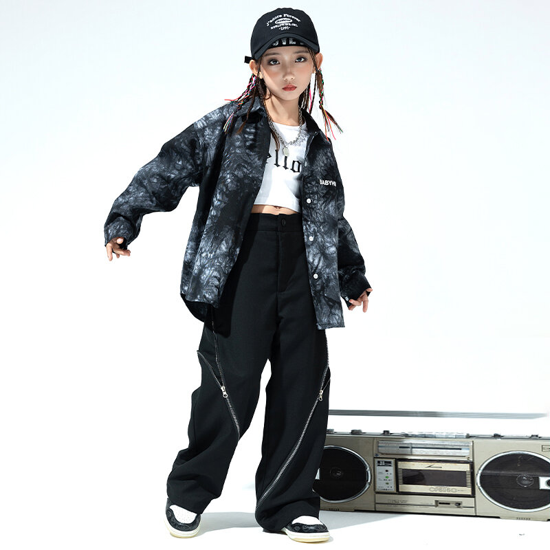 Abbigliamento Hip Hop per bambini camicia con stampa sfumata top pantaloni Cargo Casual neri Teen Streetwear per ragazza ragazzo Jazz Dance Costume Clothes