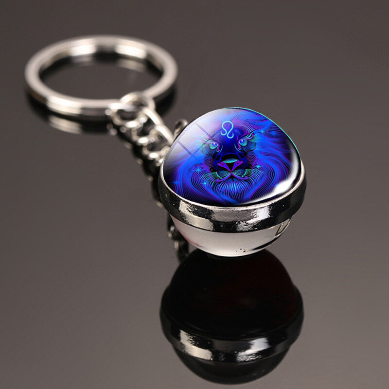 Creative 12 Constellation Key Ring Time Stone Double-Sided Glass Ball Metal Keychain Pendant Key Chain Accessories Fashion Gift