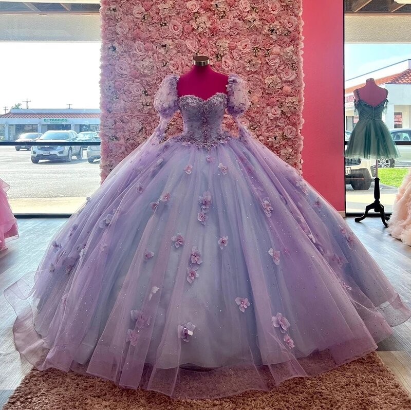Lavendel Prinzessin Quince anera Kleider Ballkleid lange Ärmel Tüll Blumen süß 16 Kleider 15años mexikanisch