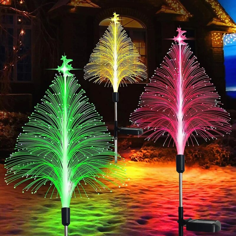 Lampu pohon Natal tenaga surya, lampu dekorasi teras serat optik lampu halaman lanskap tahan air luar ruangan LED untuk liburan Tahun Baru